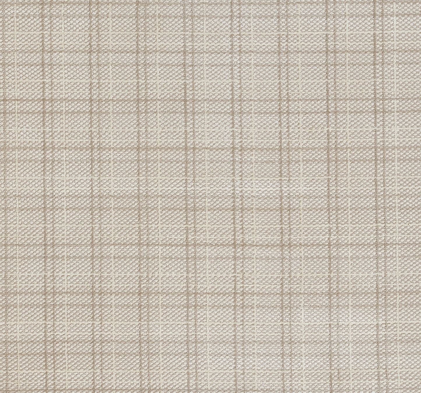 Beige plaid textured fabric with a subtle grid weave in neutral tones.