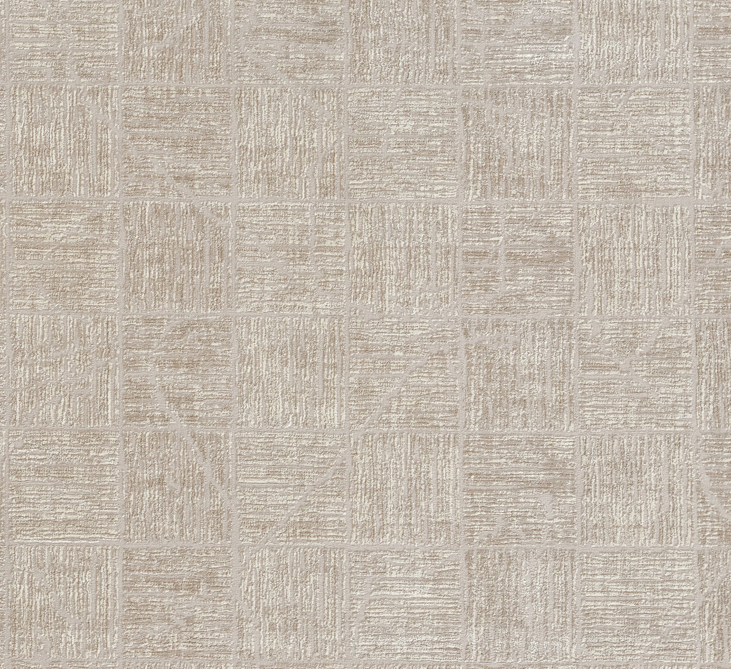 Beige textured rug runner with a square patchwork pattern and brushed linear lines, neutral durable flooring.