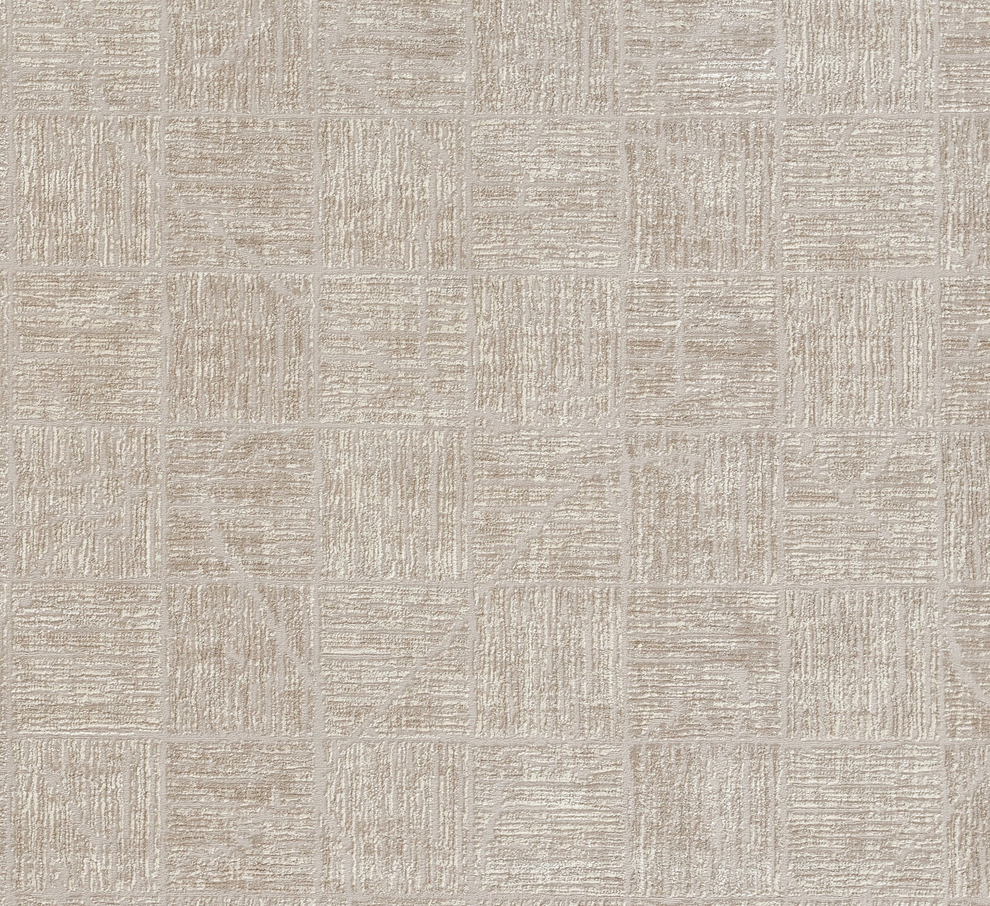 Beige rug with a square patchwork pattern and brushed linear details.