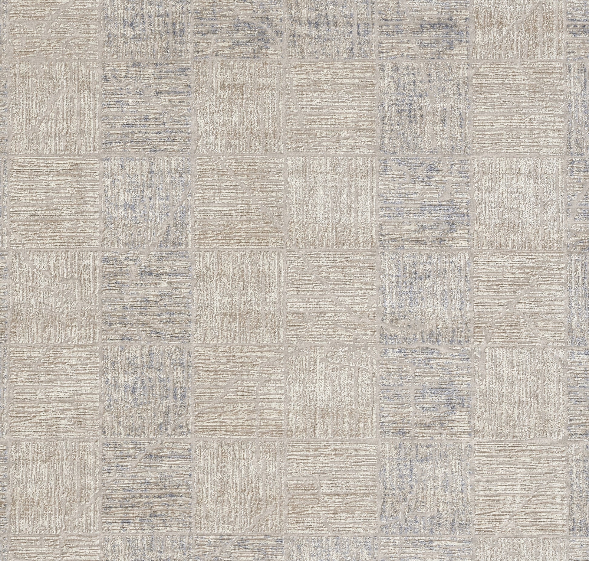 Patchwork runner rug in beige and pale blue with textured linear patterns for modern floor decor.