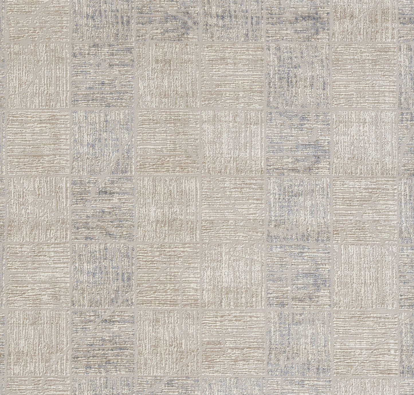 Beige and blue textured area rug with square-tiled geometric pattern; modern, versatile living room decor.