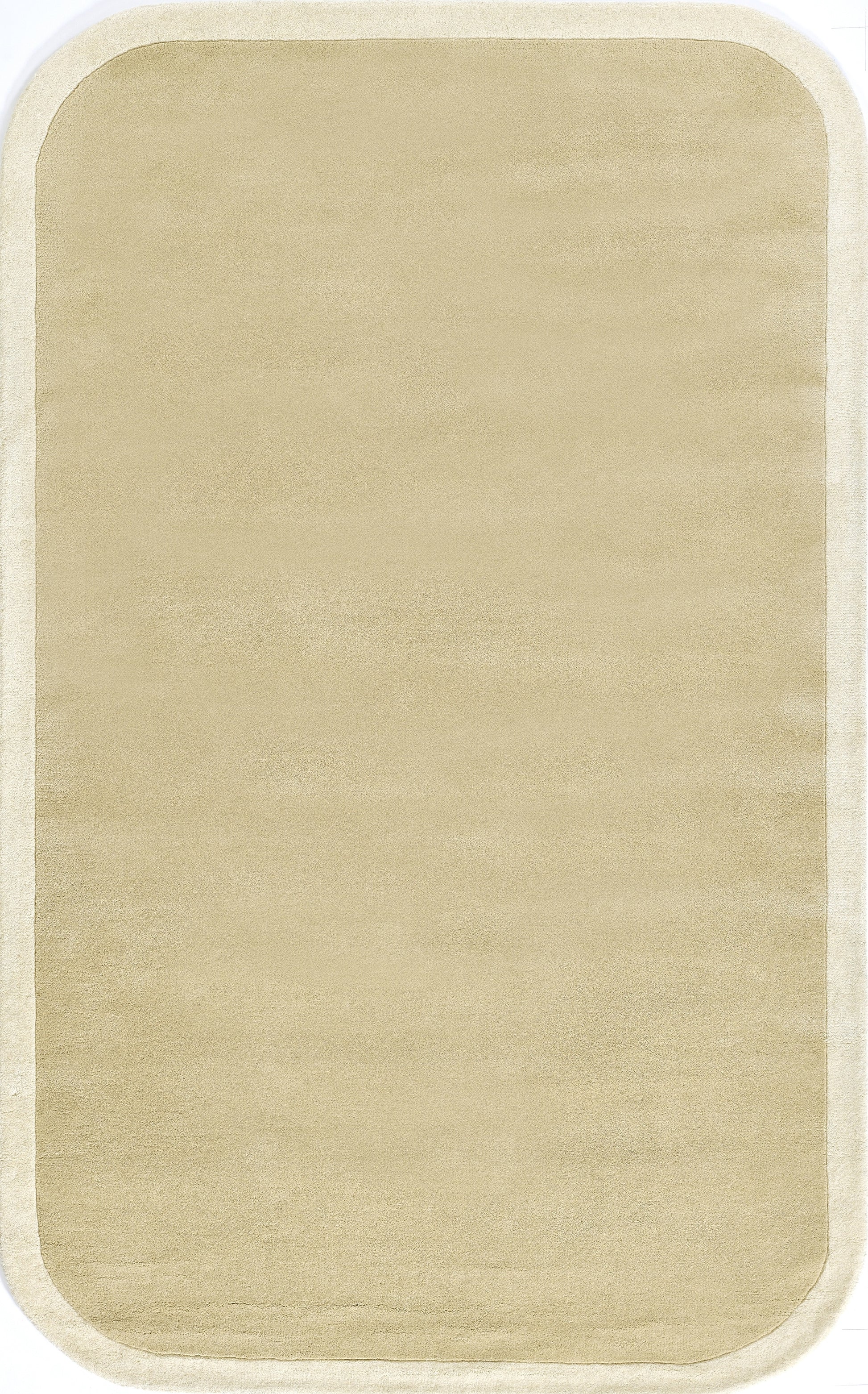 Beige area rug with rounded corners and pale outer border; soft, woven texture.