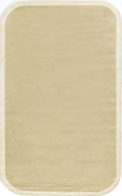 Beige area rug with rounded corners and pale outer border; soft, woven texture.