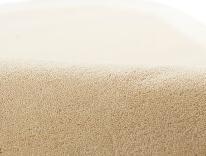 Beige rug edge close-up showing soft looped pile in a warm neutral tone.