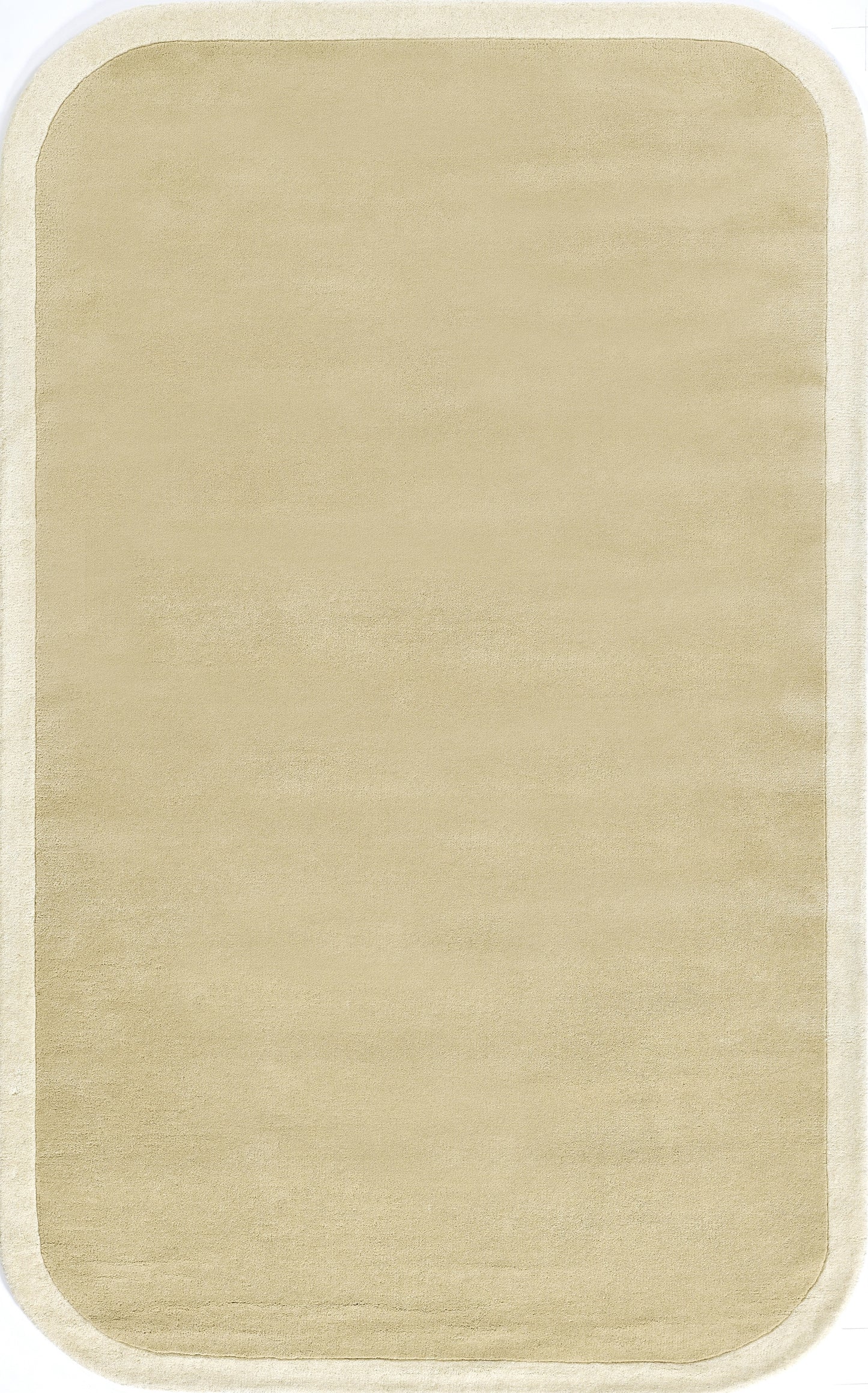 Beige rectangular rug with rounded corners and a pale border; soft plush texture, neutral living-room style.