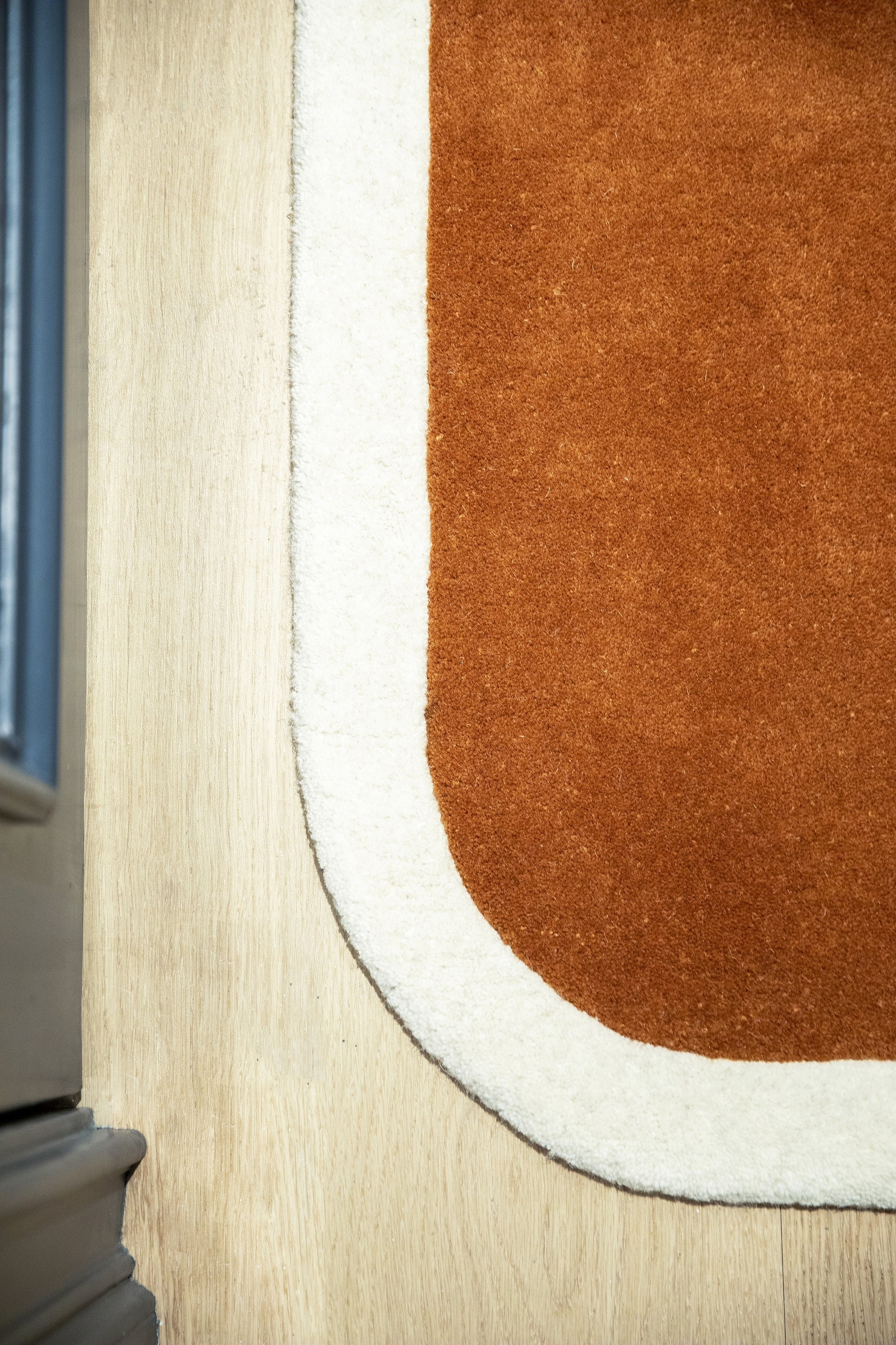 Brown plush rug runner with a white border and rounded edge on a light wood floor near a doorway; size 2'6" x 8'.