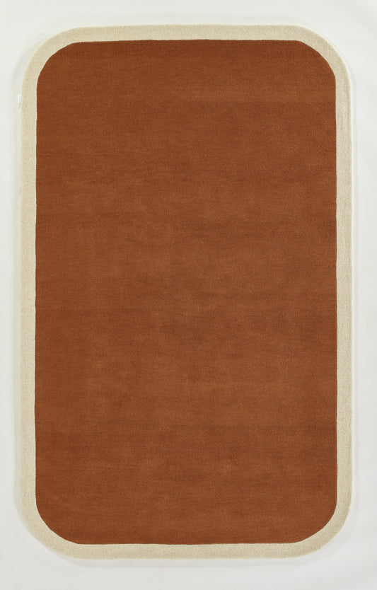Rectangular rug with rounded corners, burnt orange center and beige border, soft plush texture.