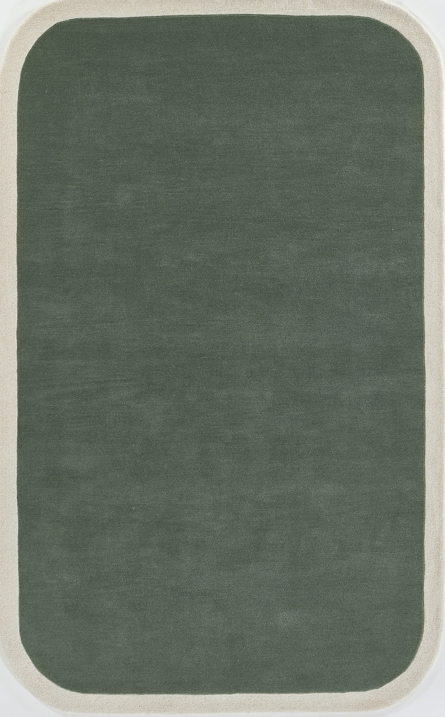 Olive green rectangular rug with a light beige border and rounded corners.