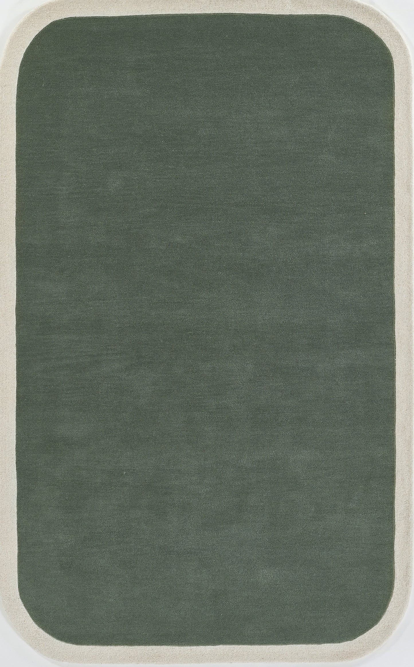 Olive-green rug with beige border and rounded corners; contemporary minimalist design.