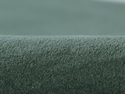 Green rug with teal-green textured pile and soft looped fibers for cozy flooring.
