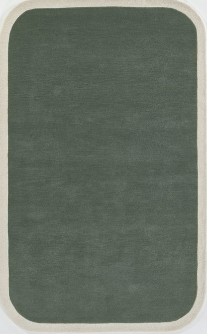 Dark green rounded-rectangle rug with beige border and woven texture.