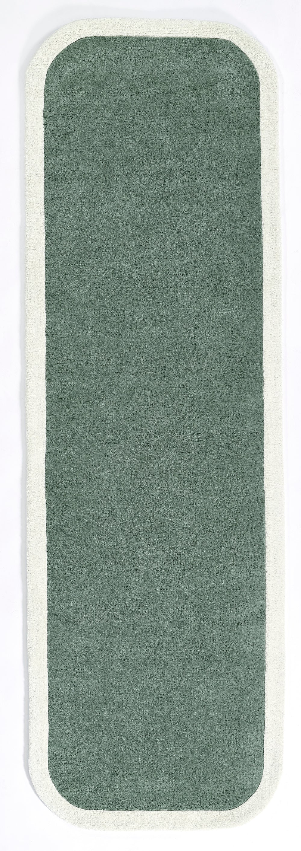 Tall green rounded-rectangle rug with cream border; 2' x 4'.
