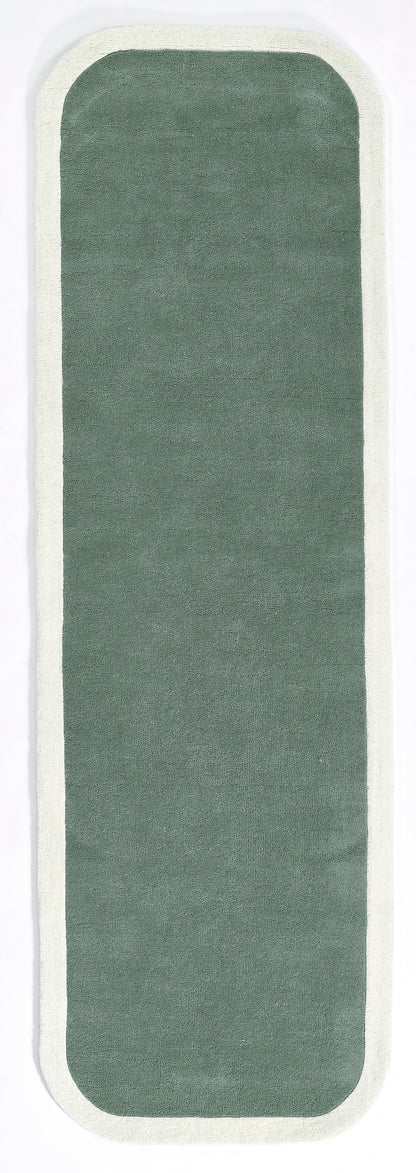 Tall, slender green rug swatch with rounded corners and cream border.