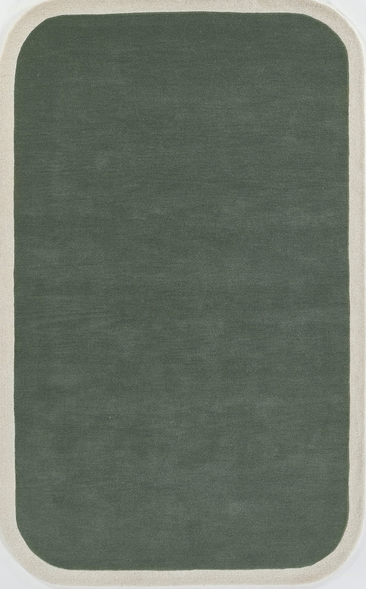 Dark green rectangular rug with a light beige border and rounded corners; soft textile look.