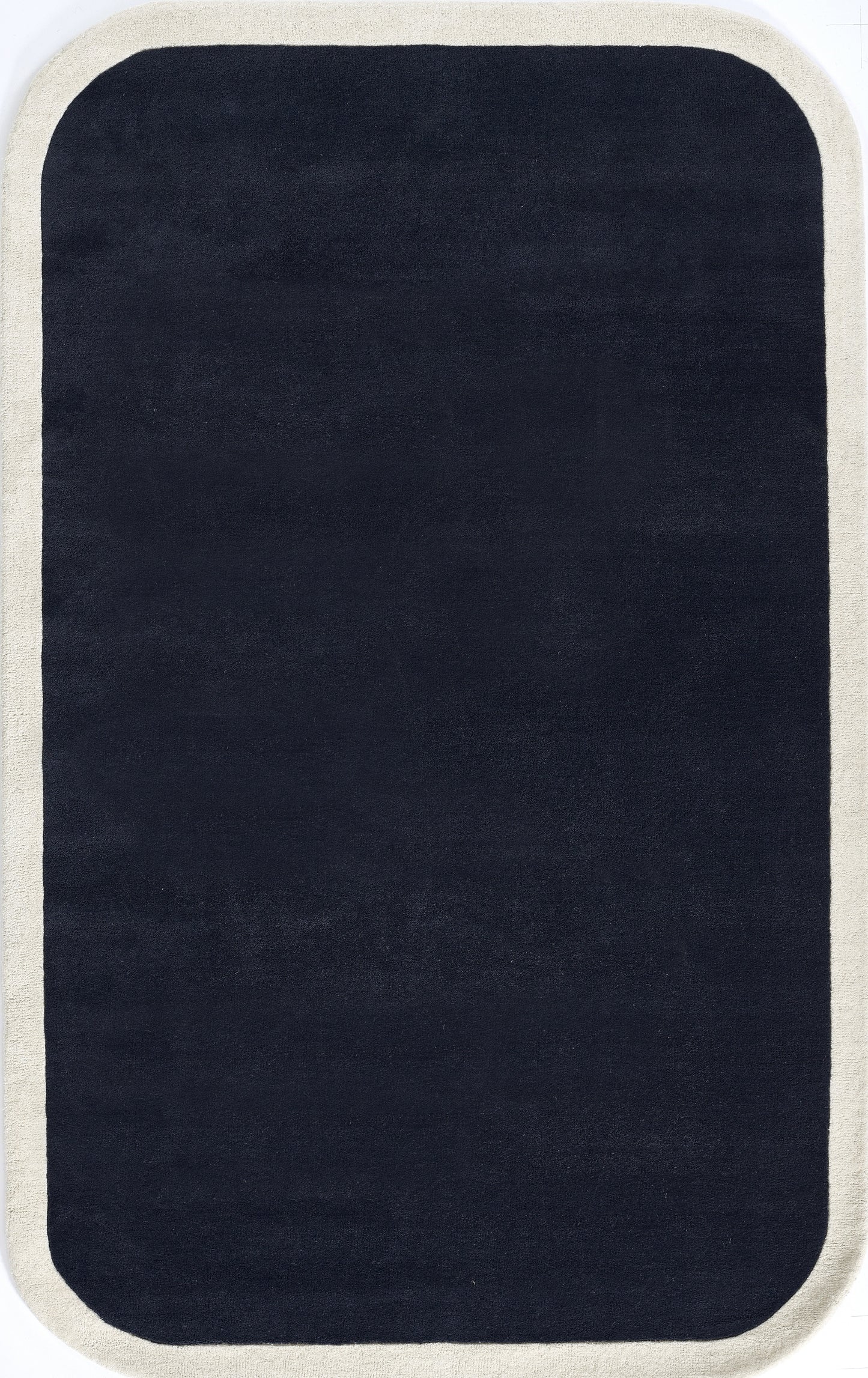 Rounded-rectangle rug with navy center & cream border; modern minimalist design, soft pile for living room or hallway.