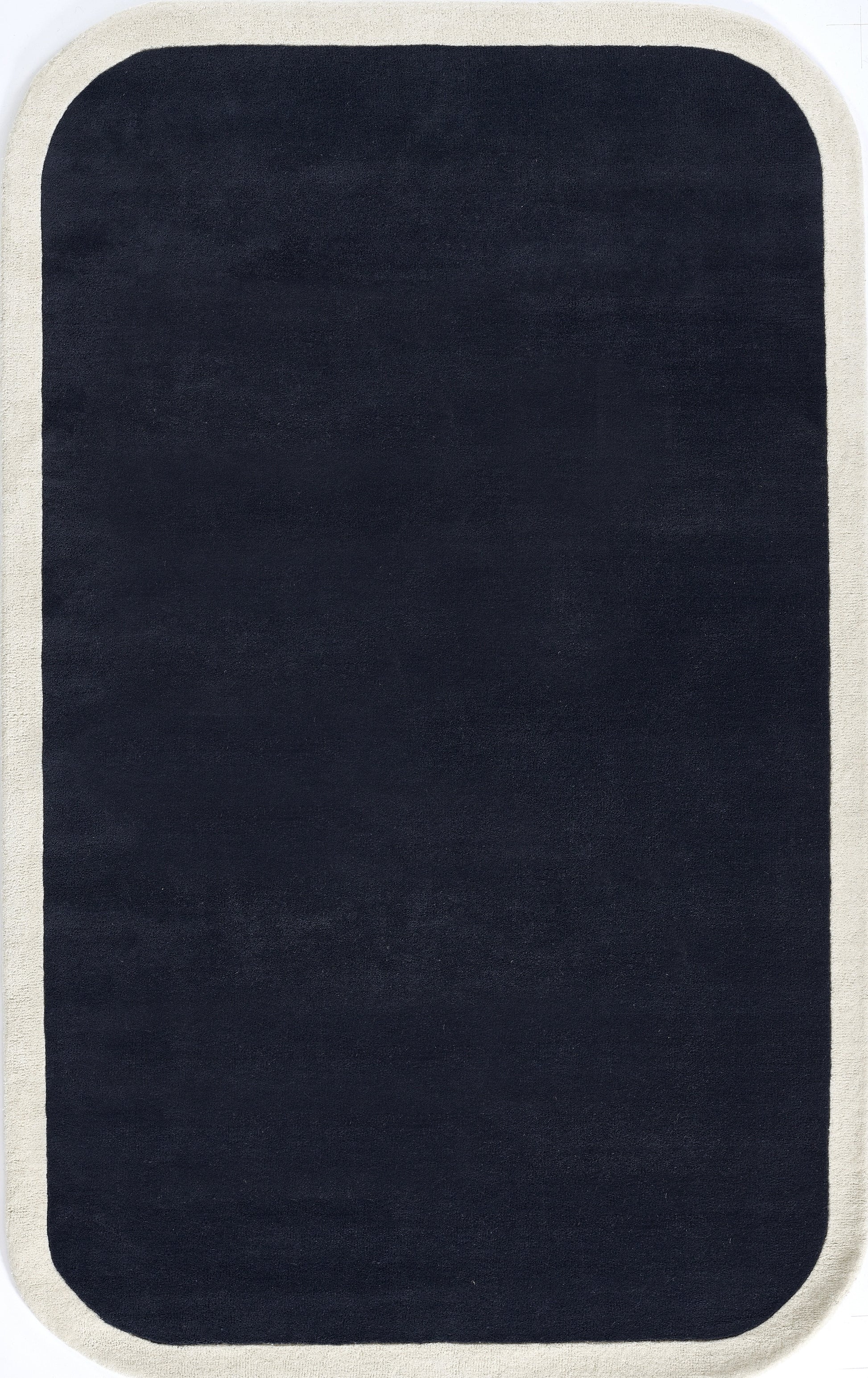 Rounded-rectangle rug with navy center & cream border; modern minimalist design, soft pile for living room or hallway.