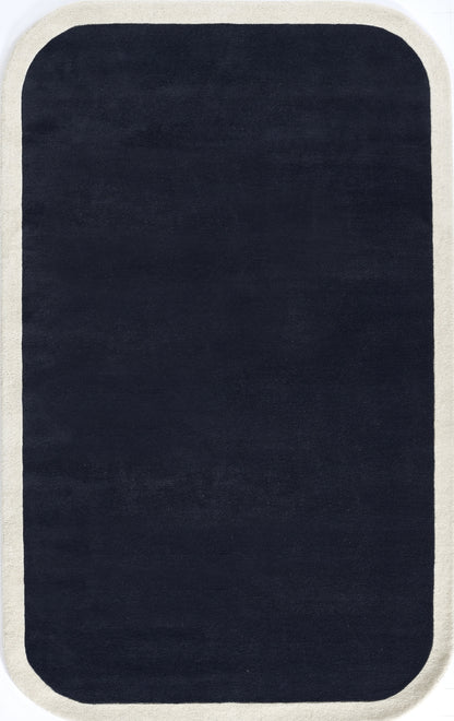 Rounded-rectangle rug with navy center & cream border; modern minimalist design, soft pile for living room or hallway.
