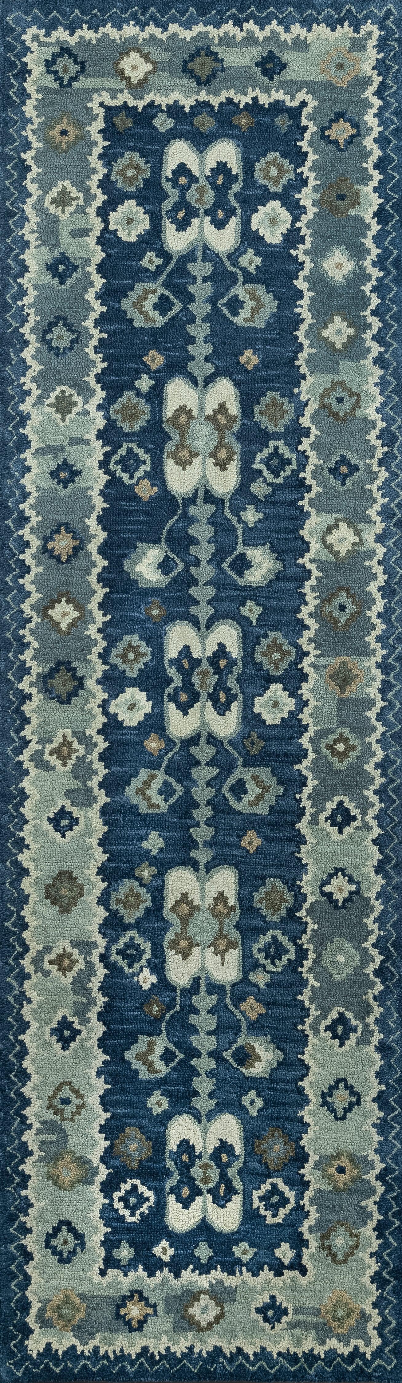 Blue oriental area rug with ivory and teal floral medallions, zigzag border, decorative traditional style, 10' x 14'.