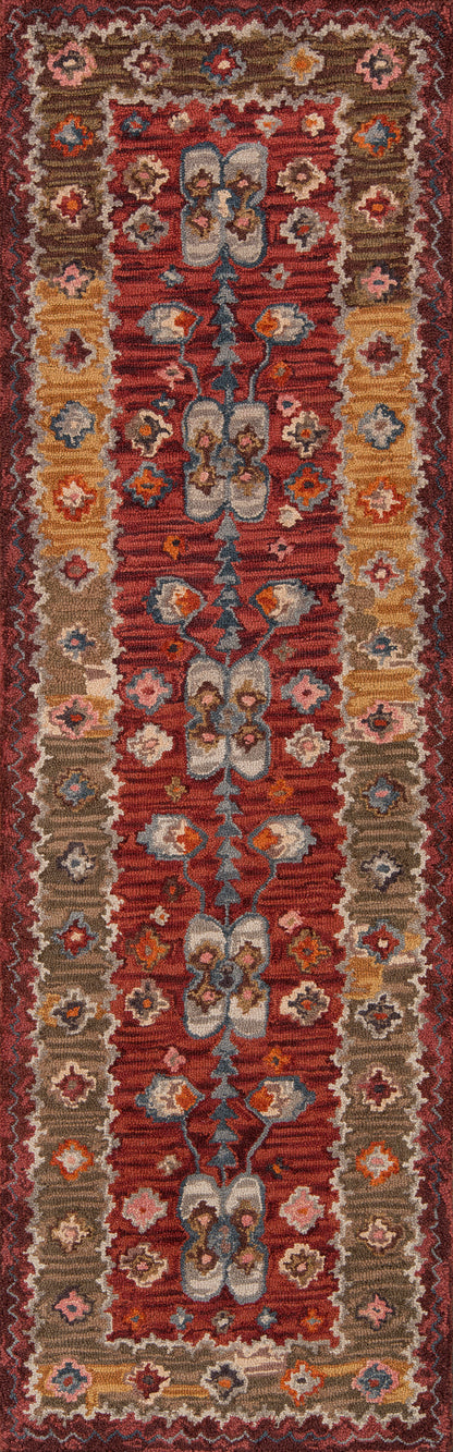 Wool Persian-style runner rug with red central field, blue/ivory floral medallions, and multicolored border.