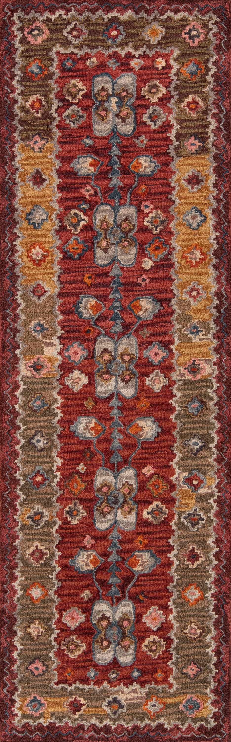 Red oriental runner rug featuring floral medallions, blue, ivory and gold border, woven texture.