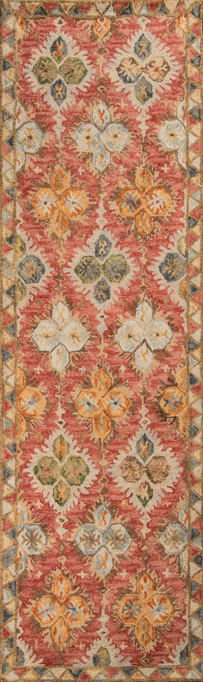 Oriental-style runner rug with red field, cream, blue and orange floral medallions, and a multicolor geometric border.