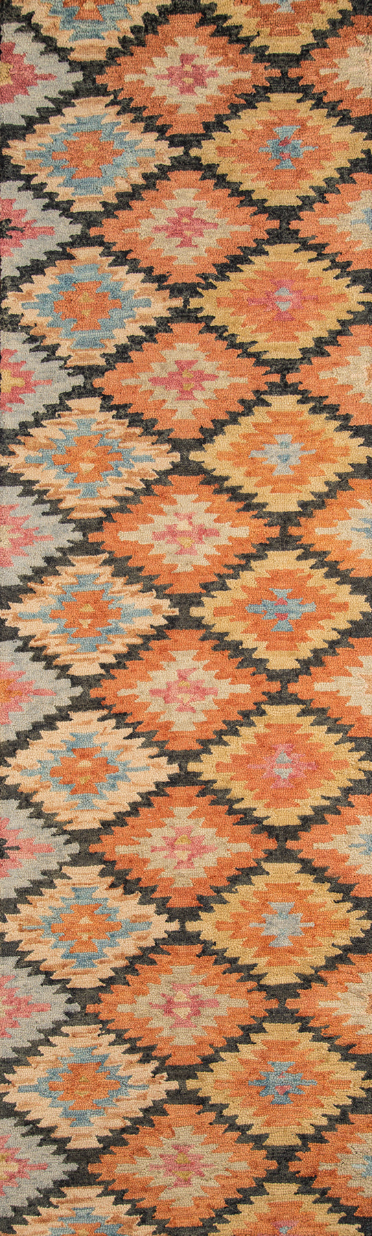 Kilim-style flatweave rug with orange, tan and beige diamonds outlined in black; blue & pink accents, tribal geometric pattern.