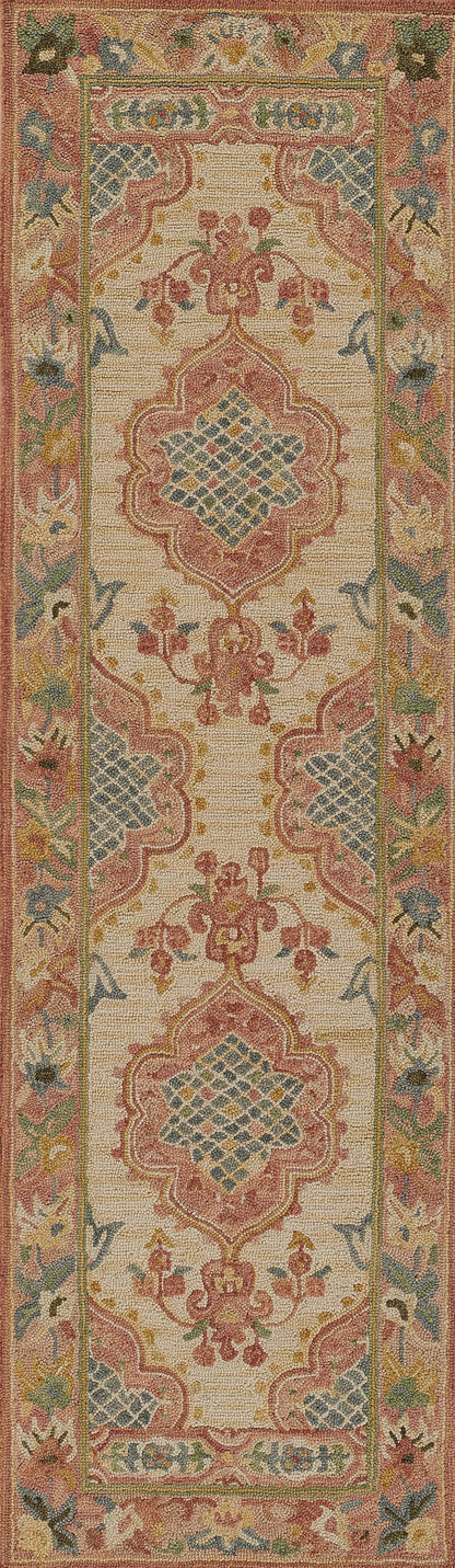 Oriental area rug with cream field, pink floral medallions, blue lattice accents and multicolor floral border, 8' x 11'.
