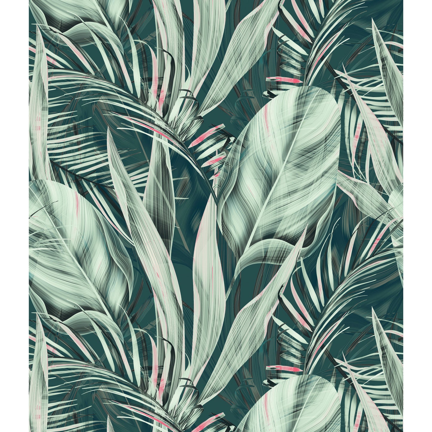 Tropical palm leaves in sage-green on teal backdrop with pink accents; botanical wallpaper pattern.