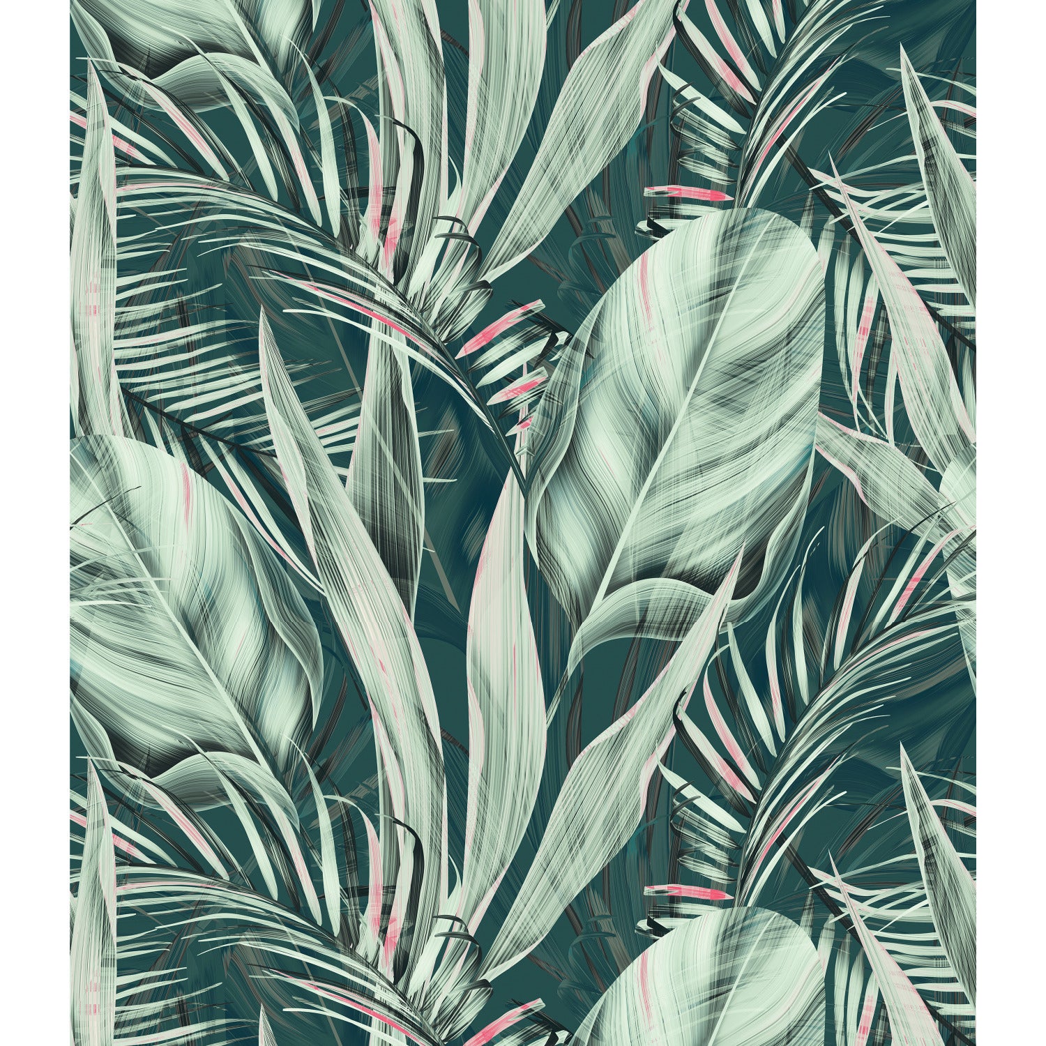 Tropical palm leaves in sage-green on teal backdrop with pink accents; botanical wallpaper pattern.