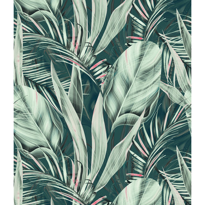 Tropical palm leaves in sage-green on teal backdrop with pink accents; botanical wallpaper pattern.