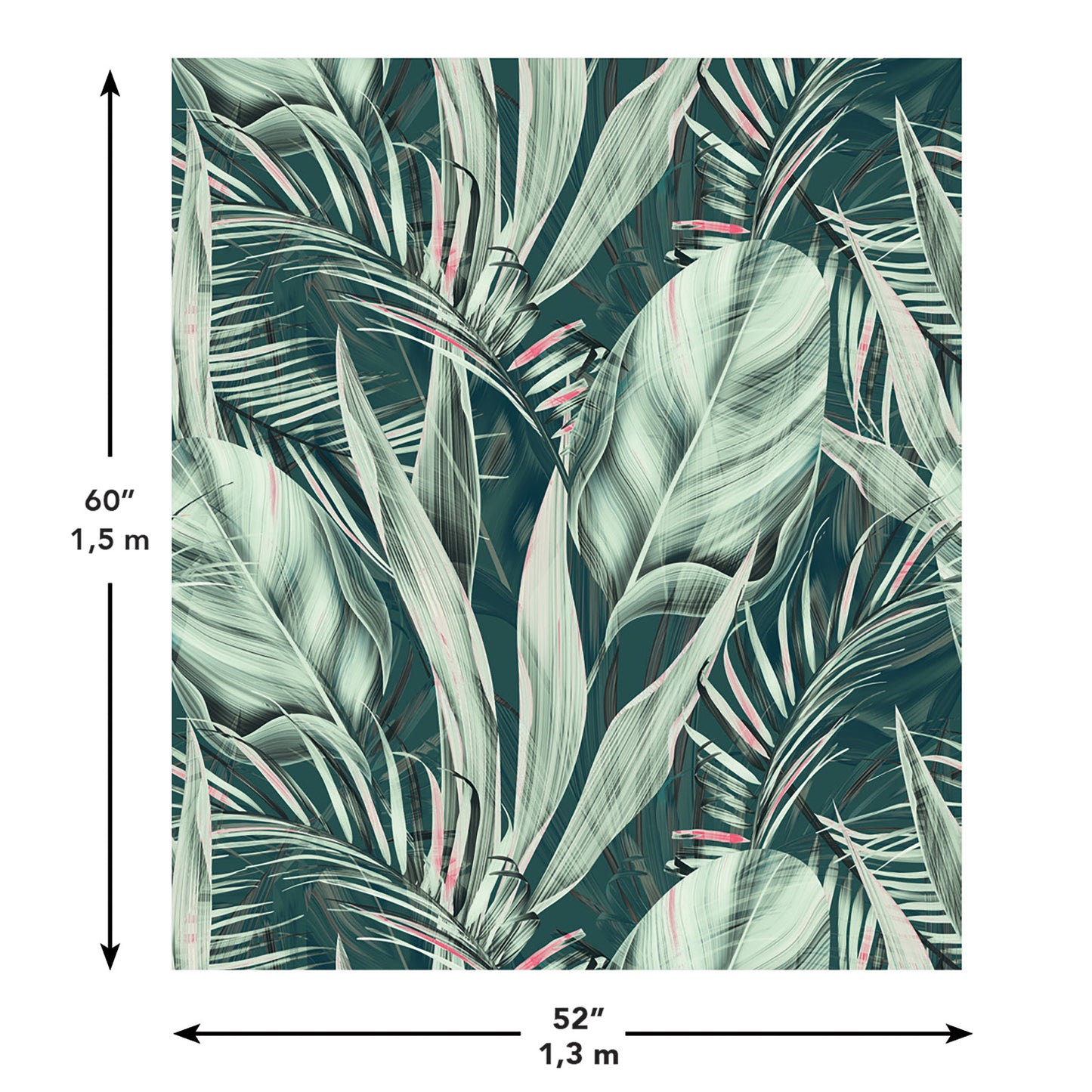 Portrait tropical leaf tapestry on teal background with mint green palm fronds and pink accents, 60x52 inches.
