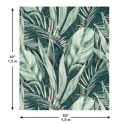 Portrait tropical leaf tapestry on teal background with mint green palm fronds and pink accents, 60x52 inches.