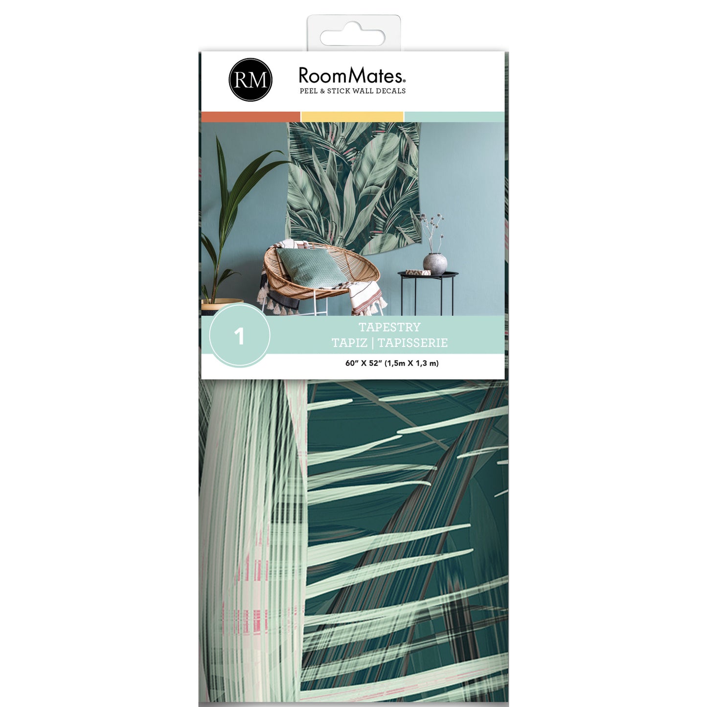 Wallpaper with tropical palm leaf design in teal and green, 60 x 52 inches, peel & stick.