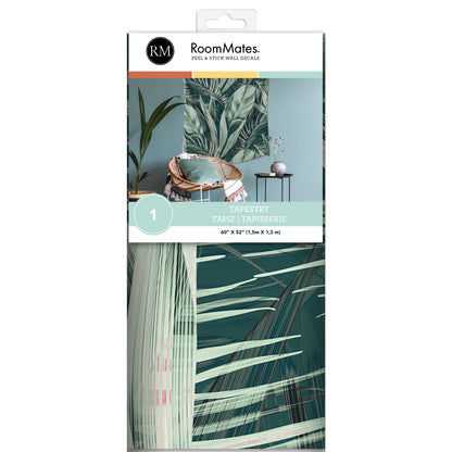 Wallpaper with tropical palm leaf design in teal and green, 60 x 52 inches, peel & stick.