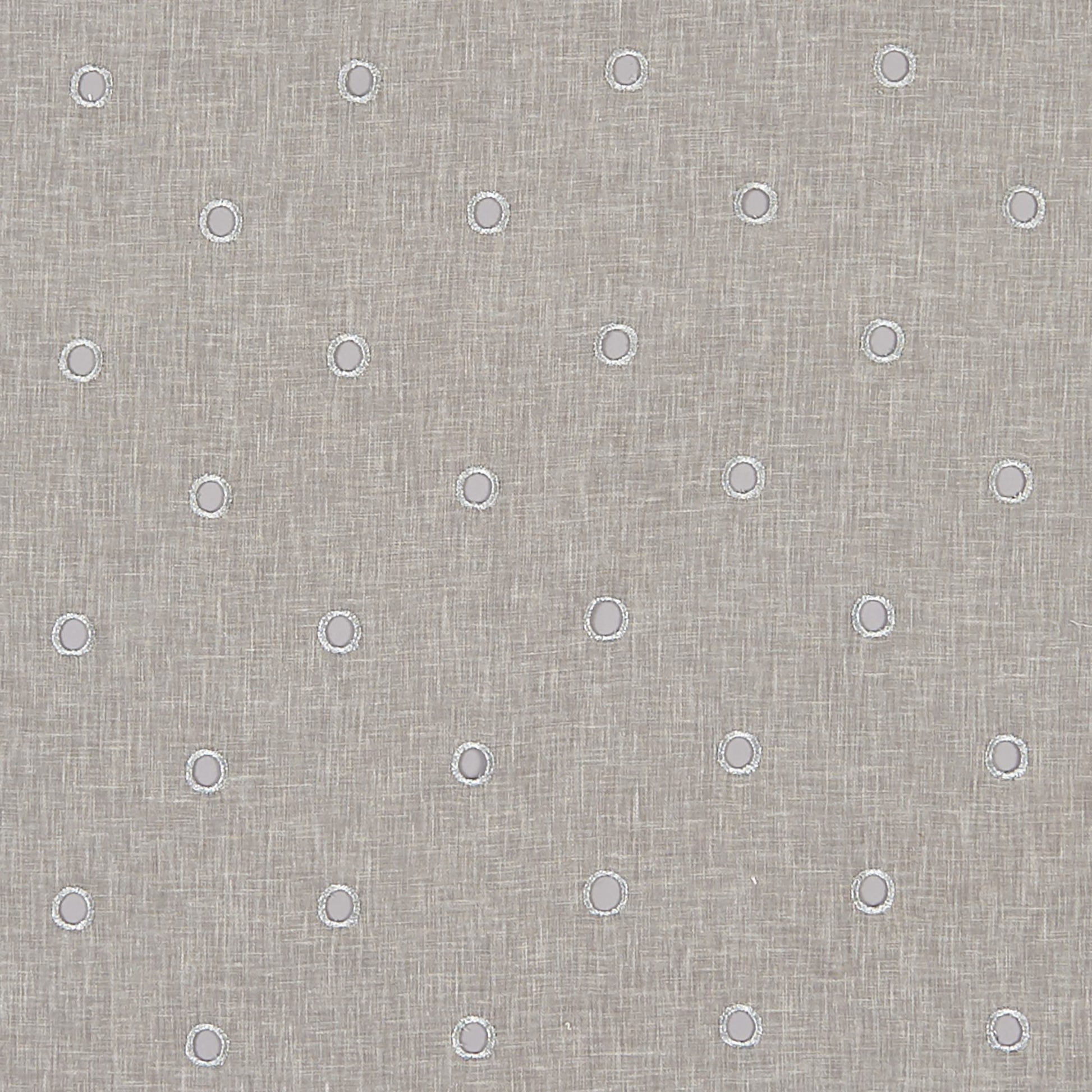 Beige linen-textured fabric with evenly spaced metallic grey embroidery in a dot and geometric pattern.