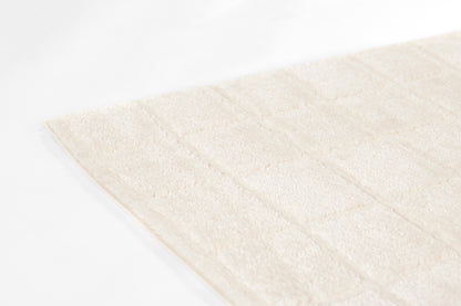 Ivory rectangular rug with plush tufted surface and quilted square pattern.
