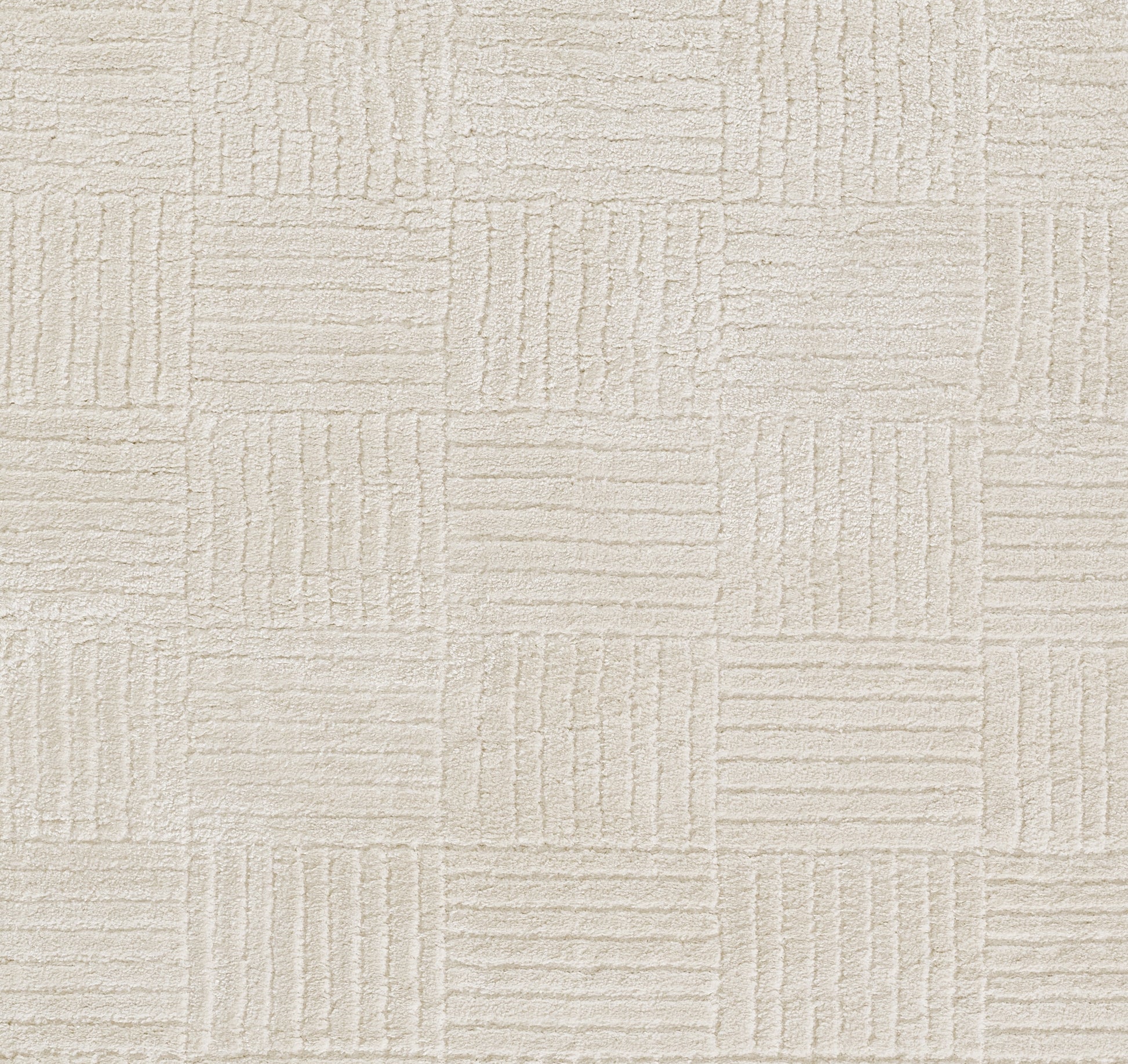 Beige textured rug with a woven look and square blocks of vertical and horizontal ridges.