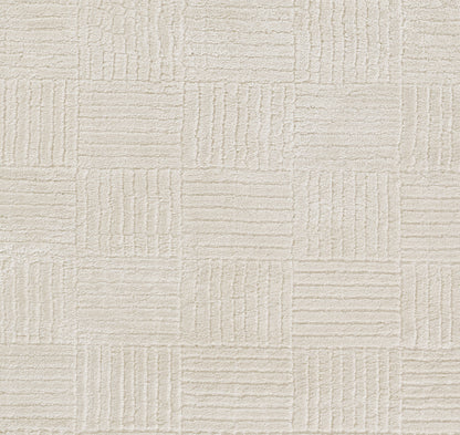 Beige textured rug with a woven look and square blocks of vertical and horizontal ridges.