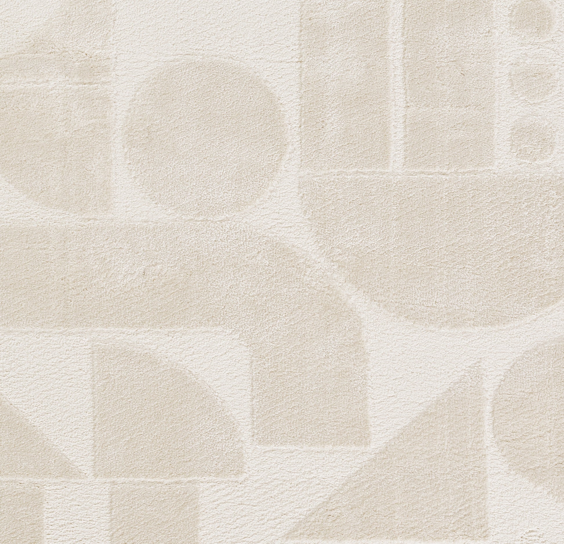 Beige abstract geometric rug with cream circles, squares and triangles; soft textured surface.