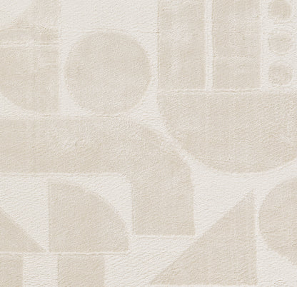 Beige abstract geometric rug with cream circles, squares and triangles; soft textured surface.