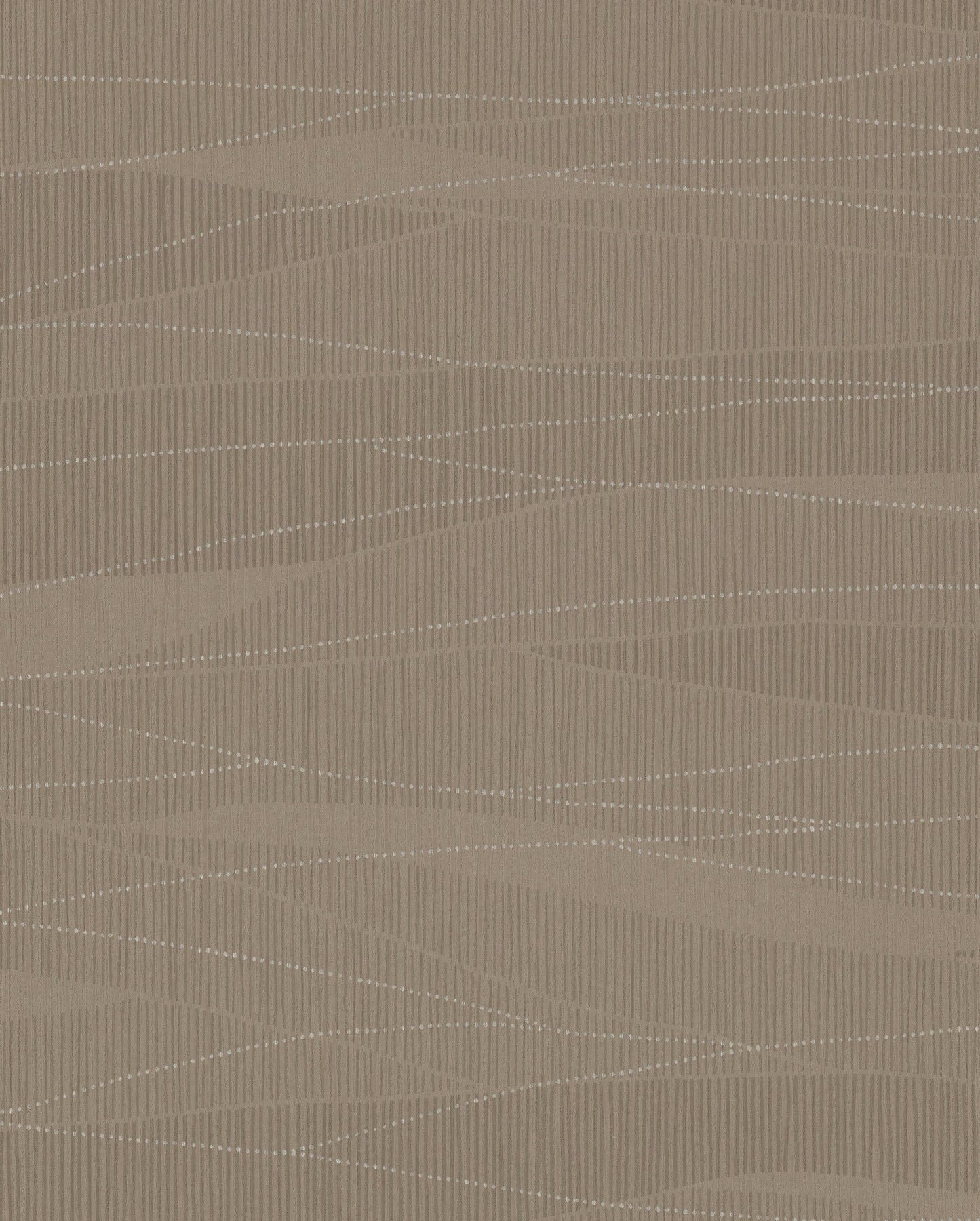 Taupe wallpaper with subtle metallic wavy lines and fine vertical texture; modern, understated pattern.