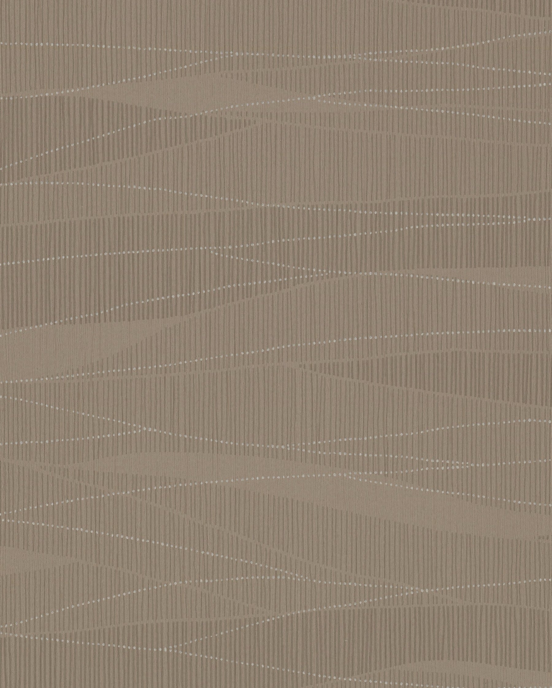 Taupe wallpaper with subtle metallic wavy lines and fine vertical texture; modern, understated pattern.