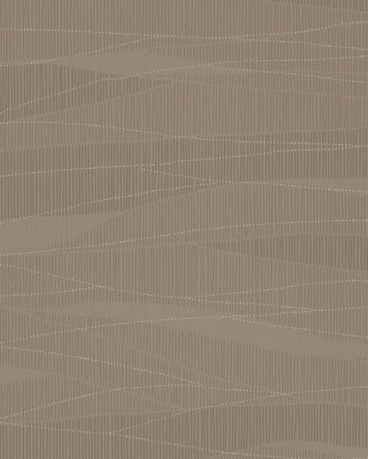 Taupe wallpaper with subtle metallic wavy lines and fine vertical texture; modern, understated pattern.
