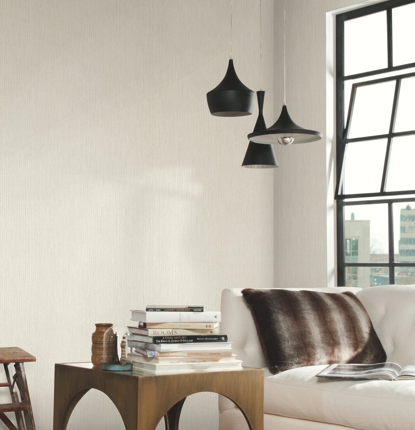 Minimalist room featuring white tile wallpaper with a geometric metro tile pattern in whites and off-whites.