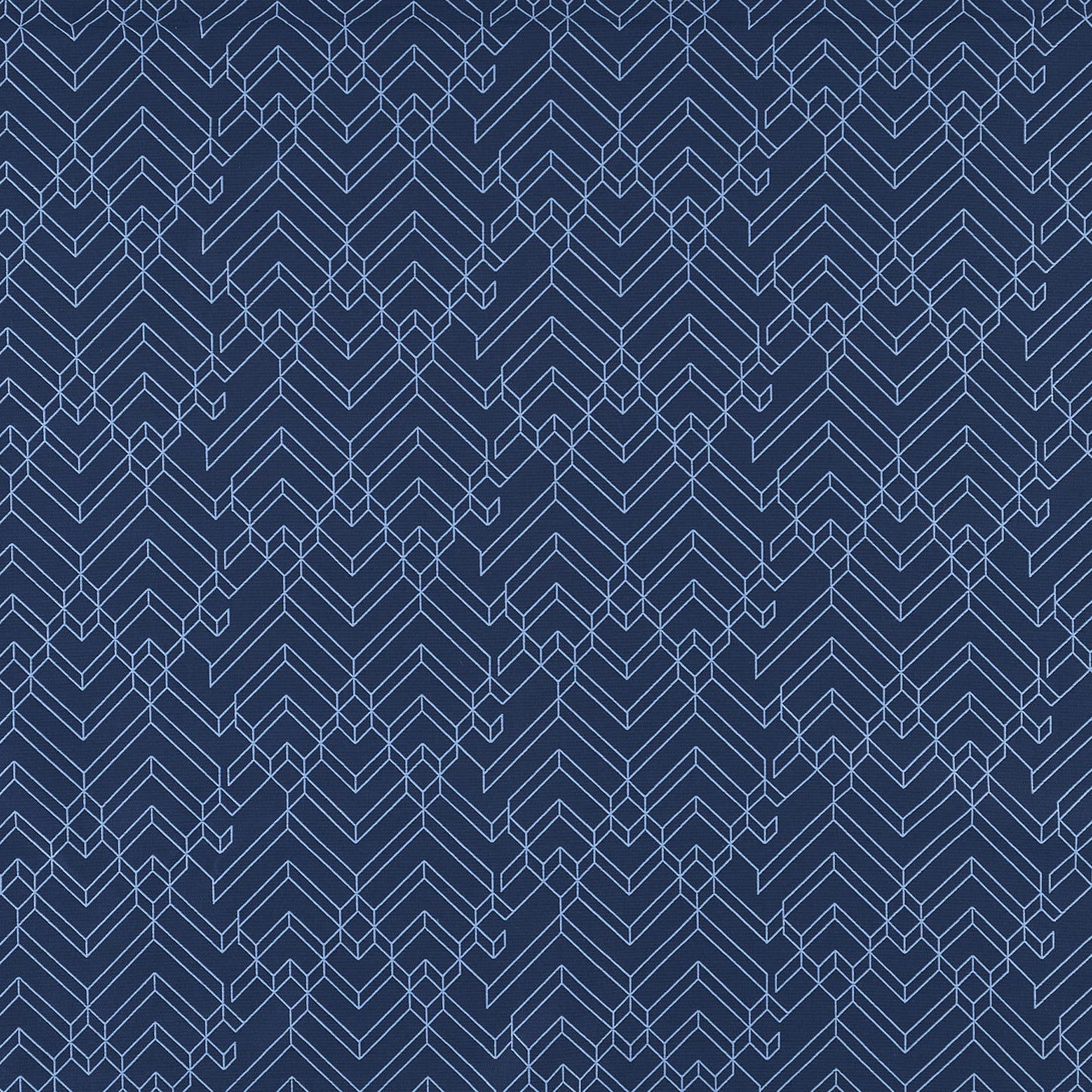 Navy fabric with pale blue geometric chevron herringbone pattern, tectonic-inspired repeating lines.