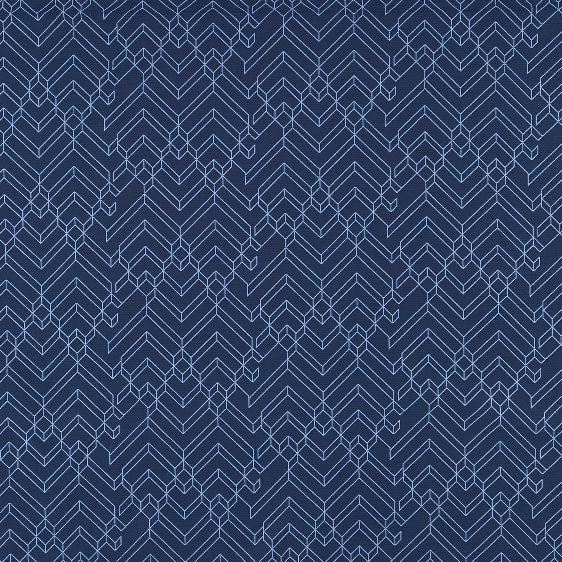Navy fabric with pale blue geometric chevron herringbone pattern, tectonic-inspired repeating lines.