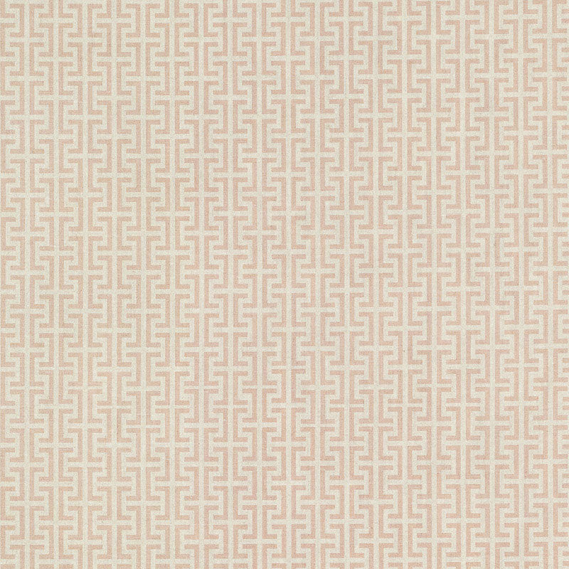Beige fabric with a repeating pink-taupe Greek key geometric pattern, decorative textile or wallpaper-like design.