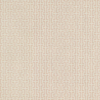 Beige fabric with a repeating pink-taupe Greek key geometric pattern, decorative textile or wallpaper-like design.