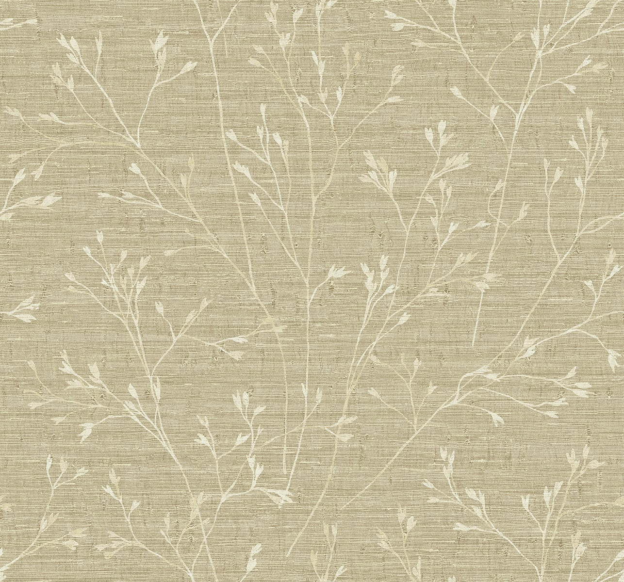 Beige linen texture with white delicate botanical branch pattern.