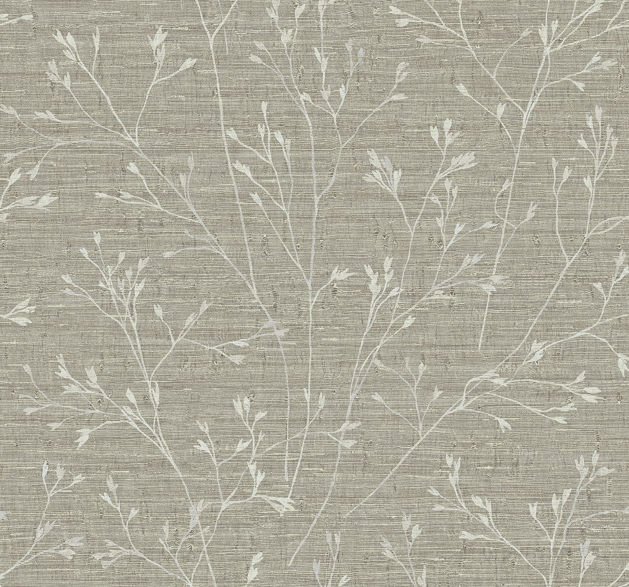 Gray linen-textured fabric with white botanical branches; botanical print for upholstery or drapery.